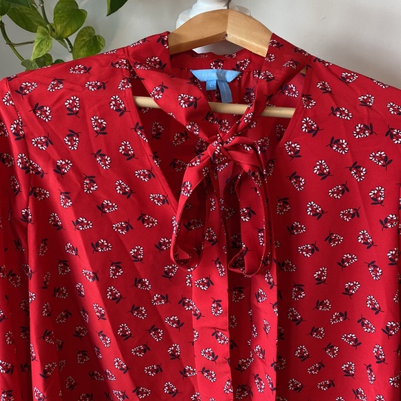 Draper James Floral Tie Neck Blouse Red Long Sleeve Large - Picture 4 of 14